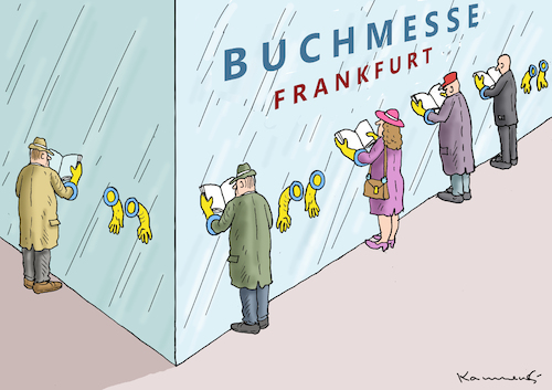 Cartoon: CORONA-BUCHMESSE (medium) by marian kamensky tagged coronavirus,epidemie,gesundheit,panik,stillegung,trump,pandemie,coronavirus,epidemie,gesundheit,panik,stillegung,trump,pandemie