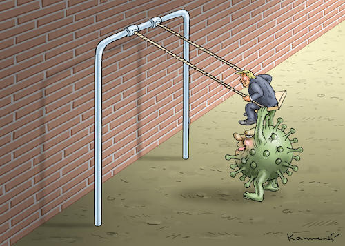 Cartoon: CORONALE VERSCHAUKELUNG (medium) by marian kamensky tagged coronavirus,epidemie,gesundheit,panik,stillegung,trump,pandemie,coronavirus,epidemie,gesundheit,panik,stillegung,trump,pandemie