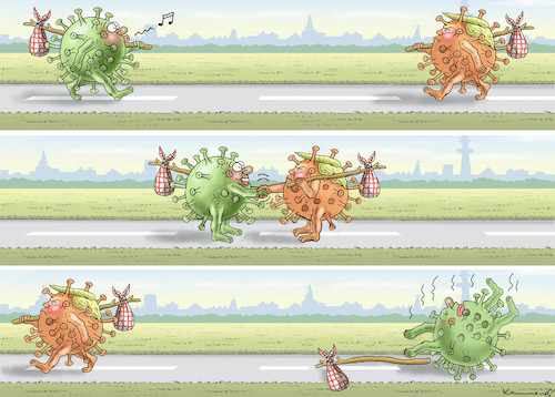 Cartoon: DER GIFTIGERE ÜBERLEBT (medium) by marian kamensky tagged coronavirus,epidemie,gesundheit,panik,stillegung,trump,pandemie,coronavirus,epidemie,gesundheit,panik,stillegung,trump,pandemie