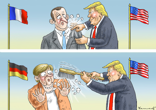 Cartoon: DIPLOMAT TRUMP (medium) by marian kamensky tagged merkel,macron,reformen,eu,frankreich,trump,iran,atomdeal,rohani,merkel,macron,reformen,eu,frankreich,trump,iran,atomdeal,rohani