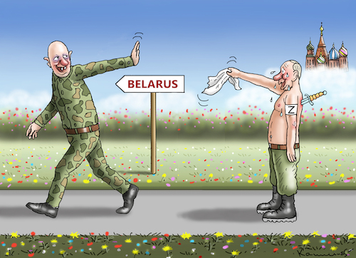 Cartoon: DOLCHSTOßLEGENDE (medium) by marian kamensky tagged putin,prigoschin,und,shoigu,lukaschenko,dolchstoß,putin,prigoschin,und,shoigu,lukaschenko,dolchstoß