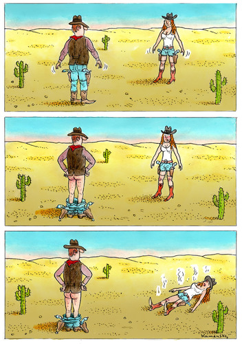 Cartoon: Duell (medium) by marian kamensky tagged duell,pistolen,cowboys,geschlechterkampf,duell,pistolen,cowboys,geschlechterkampf