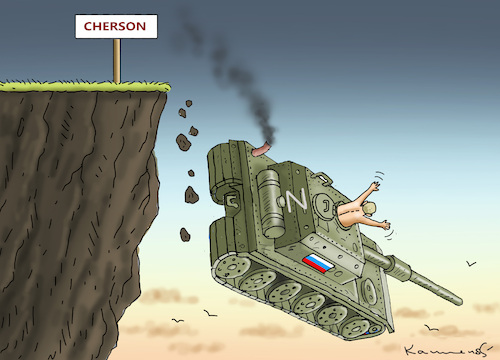 Cartoon: ENDEGELÄNDE CHERSON! (medium) by marian kamensky tagged flucht,aus,cherson,putin,ukraine,flucht,aus,cherson,putin,ukraine