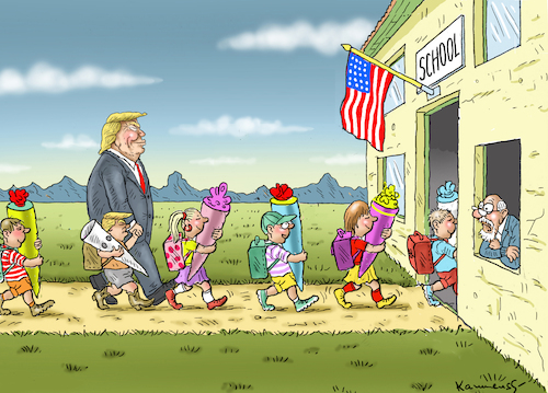 Cartoon: ERSTER SCHULTAG IN AMERIKA (medium) by marian kamensky tagged obama,trump,präsidentenwahlen,usa,baba,vanga,republikaner,inauguration,demokraten,charlottesville,wikileaks,faschismus,obama,trump,präsidentenwahlen,usa,baba,vanga,republikaner,inauguration,demokraten,charlottesville,wikileaks,faschismus