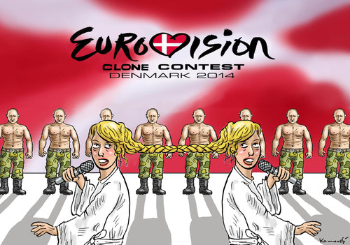 Cartoon: Eurovision Clone Contest (medium) by marian kamensky tagged vitali,klitsccko,ukraine,janukowitsch,demokratie,gewalt,bürgerkrieg,timoschenko,helmut,schmidt,putinversteher,donezk,eurovision,song,contest,vitali,klitsccko,ukraine,janukowitsch,demokratie,gewalt,bürgerkrieg,timoschenko,helmut,schmidt,putinversteher,donezk,eurovision,song,contest