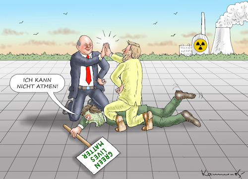 Cartoon: GREEN LIVES MATTER (medium) by marian kamensky tagged scholz,habeck,kanada,wasserstoffabkommen,gasumlage,akw,uniper,scholz,habeck,kanada,wasserstoffabkommen,gasumlage,akw,uniper