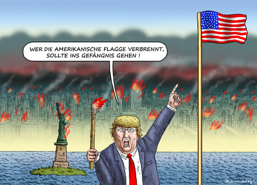 Cartoon: HAFTSTRAFEN FÜR FLAGGENVERBRENN (medium) by marian kamensky tagged obama,trump,präsidentenwahlen,usa,baba,vanga,republikaner,demokraten,tv,duell,versus,clinton,faschismus,obama,trump,präsidentenwahlen,usa,baba,vanga,republikaner,demokraten,tv,duell,versus,clinton,faschismus