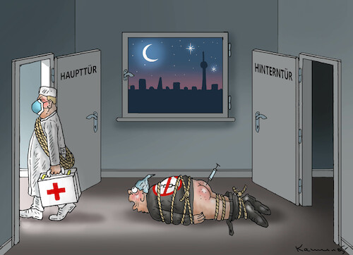 Cartoon: IMPFPFLICHT DURCH DIE HINTERNTÜR (medium) by marian kamensky tagged curevac,testzentren,corona,impfung,pandemie,booster,impfpflicht,curevac,testzentren,corona,impfung,pandemie,booster,impfpflicht