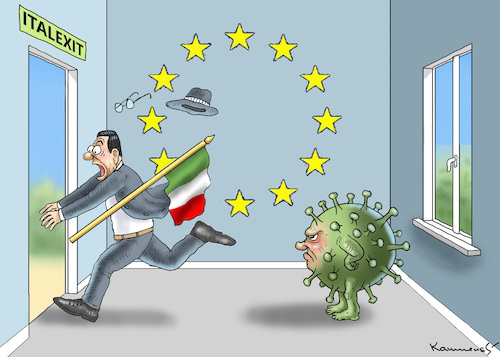 Cartoon: ITALEXIT (medium) by marian kamensky tagged coronavirus,epidemie,gesundheit,panik,stillegung,trump,pandemie,coronavirus,epidemie,gesundheit,panik,stillegung,trump,pandemie