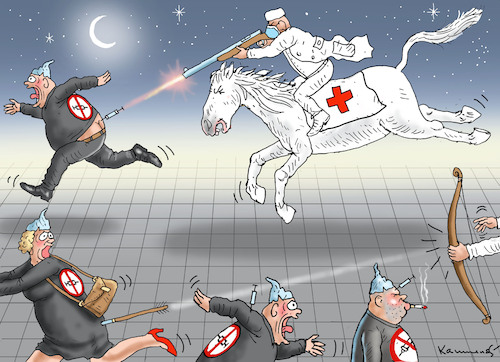 Cartoon: JAGD AUF DIE BLÖDHEIT (medium) by marian kamensky tagged curevac,testzentren,corona,impfung,pandemie,booster,impfpflicht,curevac,testzentren,corona,impfung,pandemie,booster,impfpflicht