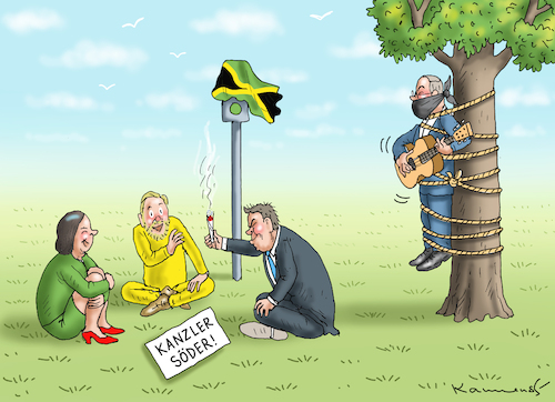 Cartoon: JAMAIKANER SÖDER SONDIERT RUM (medium) by marian kamensky tagged tv,triell,laschet,baerbock,scholz,merkel,söder,jamaika,zukunftsteam,tv,triell,laschet,baerbock,scholz,merkel,söder,jamaika,zukunftsteam