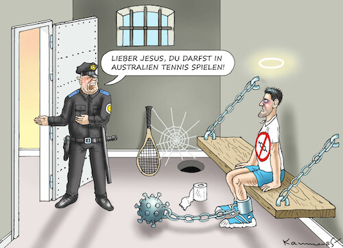 Cartoon: JESUS DARF TENNIS SPIELEN (medium) by marian kamensky tagged curevac,testzentren,corona,impfung,pandemie,booster,novak,djokovic,omikron,impfpflicht,curevac,testzentren,corona,impfung,pandemie,booster,novak,djokovic,omikron,impfpflicht