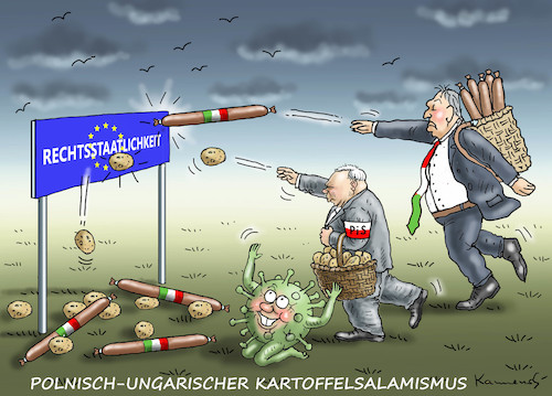 Cartoon: KARTOFFELSALAMISMUS (medium) by marian kamensky tagged coronavirus,epidemie,gesundheit,panik,stillegung,trump,pandemie,coronavirus,epidemie,gesundheit,panik,stillegung,trump,pandemie