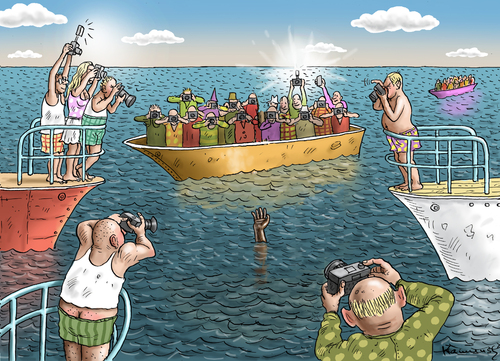 Cartoon: KATASTROPHENTOURISMUS (medium) by marian kamensky tagged mittelmeer,bootsflüchtlinge,afrika,schlepper,mittelmeer,bootsflüchtlinge,afrika,schlepper