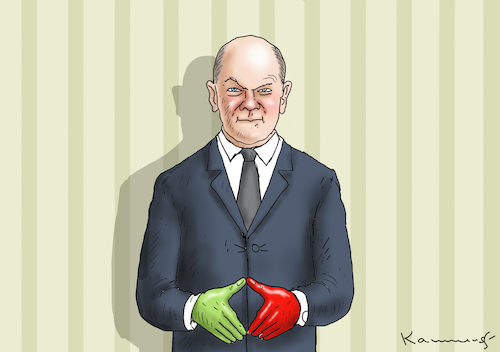 Cartoon: KUNTERBUNTER SCHOLZ (medium) by marian kamensky tagged tv,triell,laschet,baerbock,scholz,tv,triell,laschet,baerbock,scholz