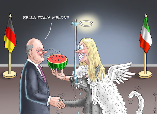 Cartoon: MELONI BESUCHT SCHOLZ (medium) by marian kamensky tagged meloni,besucht,scholz,meloni,besucht,scholz