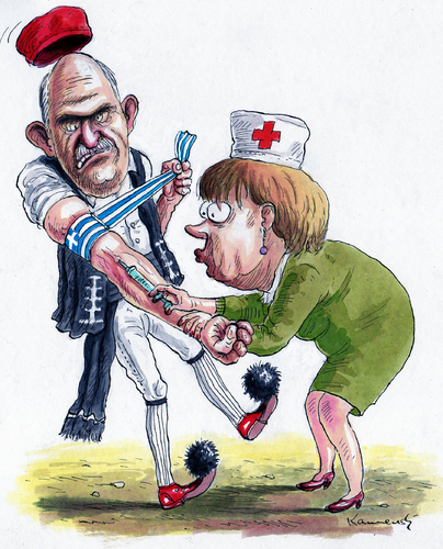 Cartoon: Merkel - Papandreu (medium) by marian kamensky tagged humor,angela merkel,politikerin,karikatur,arzt,doktor,gesundheit,spritze,angela,merkel,papandreu