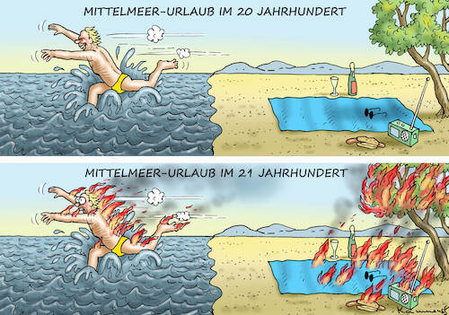 Cartoon: MITTELMEER-URLAUB (medium) by marian kamensky tagged mittelmeer,urlaub,waldbrände,türkei,griechenland,mittelmeer,urlaub,waldbrände,türkei,griechenland