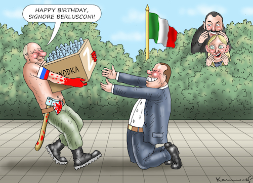 Cartoon: MÖRDER BESCHENKT BUNGA-BUNGA (medium) by marian kamensky tagged berlusconi,putin,wodka,ukraine,bunga,berlusconi,putin,wodka,ukraine