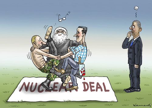 Cartoon: NUCLEAR DEAL (medium) by marian kamensky tagged atomabkommen,iran,putin,obama,assad,atomabkommen,iran,putin,obama,assad