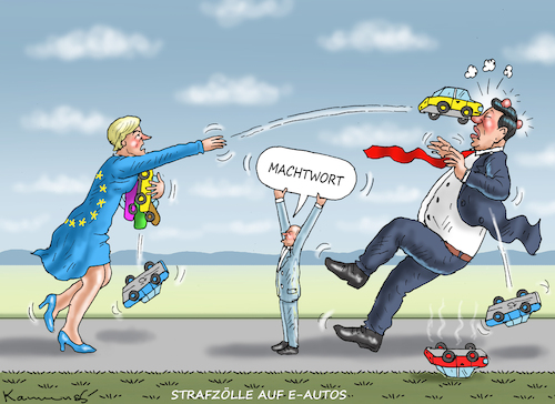 Cartoon: OLAFS VALIUM-MACHTWORT (medium) by marian kamensky tagged strafzölle,autos,china,scholz,eu,strafzölle,autos,china,scholz,eu