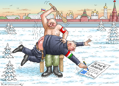 Cartoon: ORBAN BEIM RAPPORT (medium) by marian kamensky tagged orban,beim,rapport,ukrainehilfe,putin,orban,beim,rapport,ukrainehilfe,putin