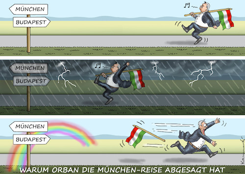 Cartoon: ORBAN KOMMT NICHT NACH MÜNCHEN (medium) by marian kamensky tagged ungarn,deutschland,fussball,em,orban,regenbogenfarben,ungarn,deutschland,fussball,em,orban,regenbogenfarben