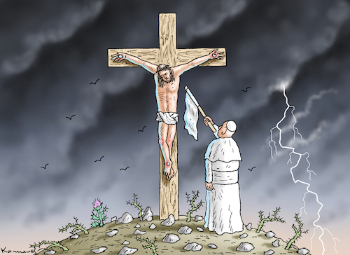 Cartoon: PAPST HILFT WO ER KANN (medium) by marian kamensky tagged friedensstifter,papst,weise,fahne,ukraine,selensky,friedensstifter,papst,weise,fahne,ukraine,selensky