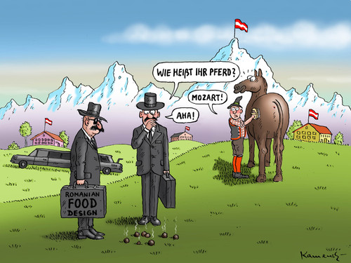 Cartoon: Rumänische Food Designer (medium) by marian kamensky tagged pferdefleisch,skandal,england,prinz,charles,und,camilla,rumänienfleisch,pferdefleisch,skandal,england,prinz,charles,und,camilla,rumänienfleisch