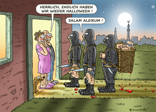 Cartoon: Salam Aleikum Halloween (medium) by marian kamensky tagged irak,isis,al,baghdadi,kaida,terrorismus,assad,obama,halloween,usa,bundeswehr,irak,isis,al,baghdadi,kaida,terrorismus,assad,obama,halloween,usa,bundeswehr