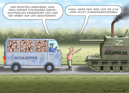 Cartoon: SCHLEPPERESKALATION (medium) by marian kamensky tagged schleppereskalation,an,der,polnischen,grenze,faeser,schleppereskalation,an,der,polnischen,grenze,faeser