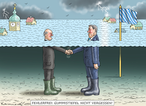 Cartoon: SCHOLZ BESUCHT BAYERN (medium) by marian kamensky tagged habeck,besucht,fluten,in,bayern,söder,klimawandel,genderverbot,scholz,habeck,besucht,fluten,in,bayern,söder,klimawandel,genderverbot,scholz