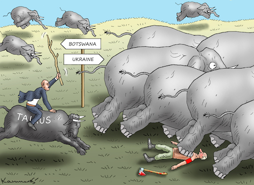 Cartoon: SCHOLZ UND 20 000  ELEFANTEN (medium) by marian kamensky tagged scholz,und,20,000,geschenkte,elefanten,botswana,ukraine,putin,scholz,und,20,000,geschenkte,elefanten,botswana,ukraine,putin