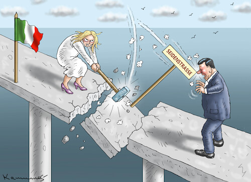 Cartoon: SEIDENSTRASSENABBRUCH (medium) by marian kamensky tagged meloni,besucht,scholz,seidenstrassenabbruch,meloni,besucht,scholz,seidenstrassenabbruch