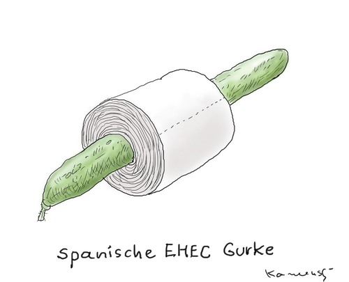 Cartoon: Spanische EHEC Dünnschissgurke (medium) by marian kamensky tagged humor,ehec,gurke,lebensmittel,spanien,durchfall,gesundheit,bakterien