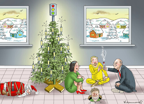 Cartoon: SPRITZIGE CANNABIS-WEIHNACHTEN (medium) by marian kamensky tagged curevac,testzentren,corona,impfung,pandemie,booster,omikron,impfpflicht,curevac,testzentren,corona,impfung,pandemie,booster,omikron,impfpflicht