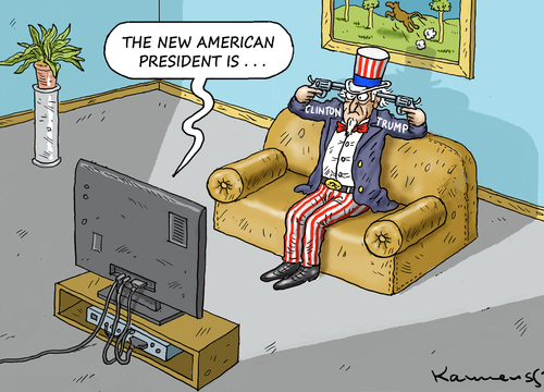 Cartoon: THE NEW AMERICAN PRESIDENT (medium) by marian kamensky tagged obama,trump,präsidentenwahlen,usa,baba,vanga,republikaner,demokraten,faschismus,obama,trump,präsidentenwahlen,usa,baba,vanga,republikaner,demokraten,faschismus