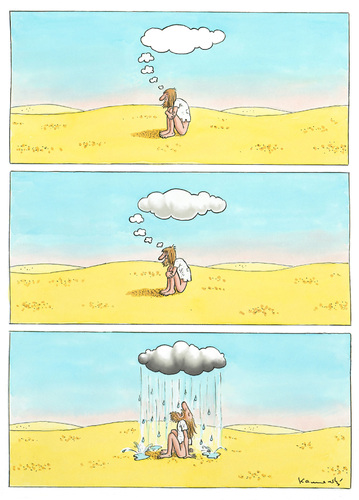 Cartoon: The power of mind (medium) by marian kamensky tagged humor,wüste,sahara,trocken,trockenheit,durst,wasser,regen,oase,gedanken,gehirn,vorstellung,psyche