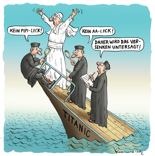 Cartoon: Titanic Papst (medium) by marian kamensky tagged landgericht,hamburger,aa,leck,pipi,papst,cover,titanic,titanic,cover,papst