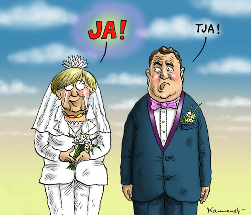 Cartoon: Traumhochzeit SPD CDU (medium) by marian kamensky tagged peer,steinbrück,kanzlerkandidat,wahlen,spd,sigmar,gabriel,attacke,angela,merkel,cdu,scu,stinkefinger,grosse,koalition,peer,steinbrück,kanzlerkandidat,wahlen,spd,sigmar,gabriel,attacke,angela,merkel,cdu,scu,stinkefinger,grosse,koalition