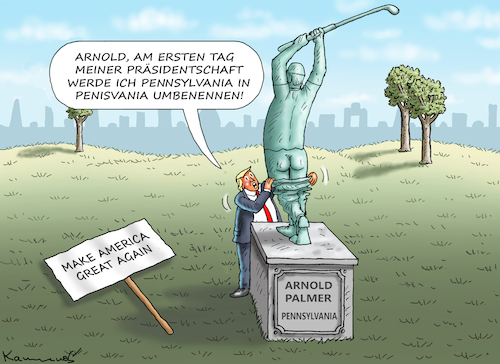 Cartoon: TRUMP UND ARNOLD PALMER (medium) by marian kamensky tagged trump,und,der,hurrikan,milton,pennsylvania,trump,und,der,hurrikan,milton,pennsylvania