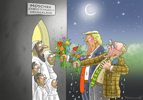 Cartoon: TRUMP UND GAULAND IN NEUSEELAND (medium) by marian kamensky tagged terror,in,christchurch,new,zealand,islamophobie,racism,intollerance,terror,in,christchurch,new,zealand,islamophobie,racism,intollerance