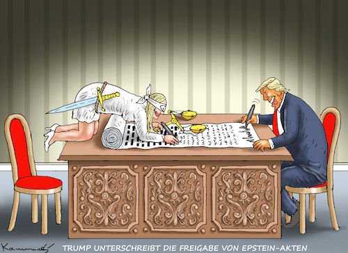Cartoon: TRUMP UNTERSCHREIBT DIE FREIGABE (medium) by marian kamensky tagged hilfsbereite,justizministerin,bondi,epstein,akte,hilfsbereite,justizministerin,bondi,epstein,akte