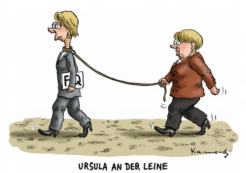 Cartoon: Ursula an der Leine (medium) by marian kamensky tagged angela,merkel,cyprus,crisis,eu,harm,bengen,ursula,von,der,leyen,frauenquote,cdu,csu,fdp,angela,merkel,cyprus,crisis,eu,harm,bengen,ursula,von,der,leyen,frauenquote,cdu,csu,fdp