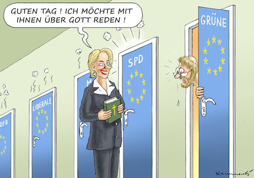 Cartoon: URSULA WIRBT IN BRÜSSEL FÜR SICH (medium) by marian kamensky tagged ursula,von,der,leyen,eu,parlament,komission,präsidentin,werbung,christentum,bibel,parteien,liberale,spd,grüne,populisten,europa