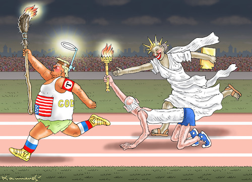 Cartoon: US-PRESIDENTS OLYMPICS (medium) by marian kamensky tagged biden,rücktritt,harris,trump,wahlen,usa,biden,rücktritt,harris,trump,wahlen,usa