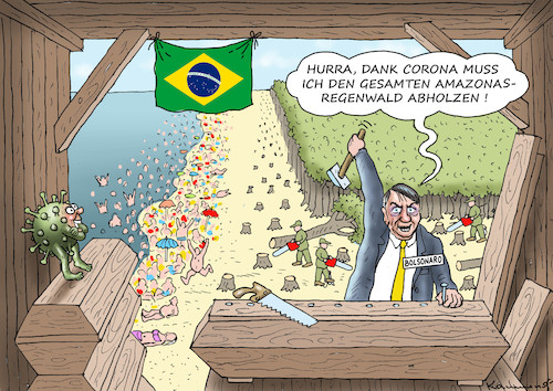 Cartoon: VERY HAPPY BOLSONARO (medium) by marian kamensky tagged bolsonaro,brasilien,corona,amazonas,regenwald,bolsonaro,brasilien,corona,amazonas,regenwald