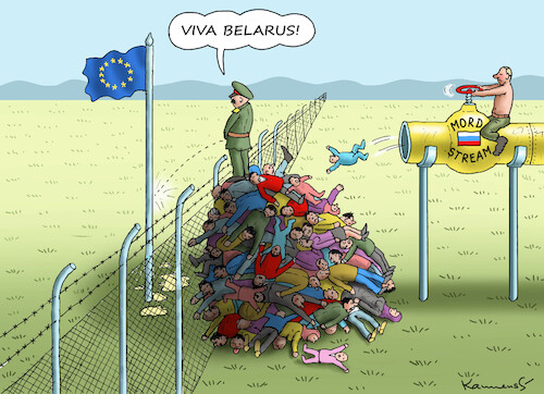 Cartoon: VIVA MORD STREAM! (medium) by marian kamensky tagged hilfsbereiter,lukaschenko,belarus,flüchtlinge,hilfsbereiter,lukaschenko,belarus,flüchtlinge