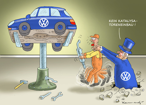 Cartoon: VW-KATALYSATORENDRAMA (medium) by marian kamensky tagged dieselaffenaffäre,mathias,müller,vw,winterkorn,scheuer,katalysatorendrama,dieselaffenaffäre,mathias,müller,vw,winterkorn,scheuer,katalysatorendrama