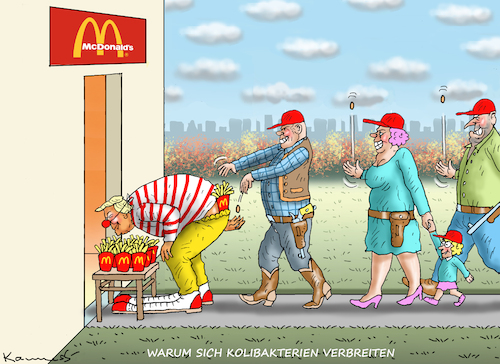 Cartoon: WARUM SICH KOLIBAKTERIEN IN USA (medium) by marian kamensky tagged warum,sich,kolibakterien,in,usa,verbreiten,mcdonald,trump,wahlen,warum,sich,kolibakterien,in,usa,verbreiten,mcdonald,trump,wahlen